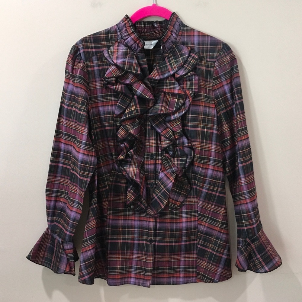 Harve Benard Women M Ruffle Blouse Top Button Plaid Purple Black Metallic Vtg
